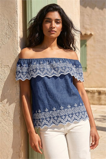 Blue Embroidery Detail Bardot Top