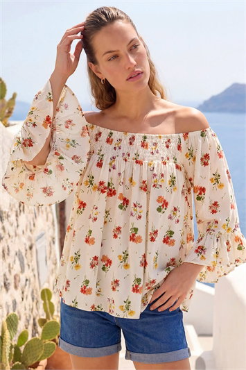 Red Floral Print Bardot Top