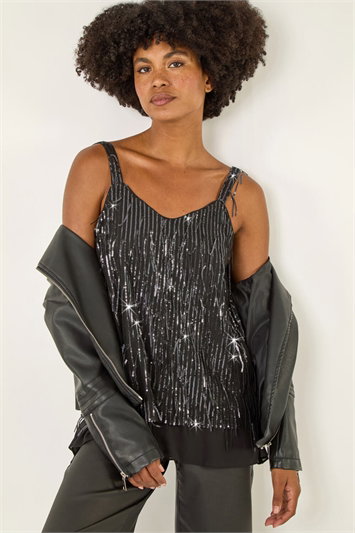 Grey Tassel Sequin Chiffon Top
