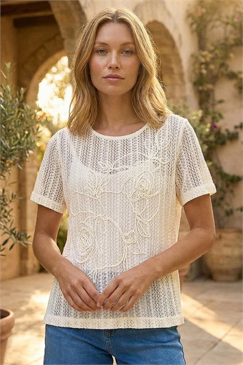 Cream Textured Floral Line Stretch Top