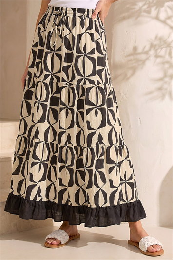 Black Mono Print Tiered Maxi Skirt
