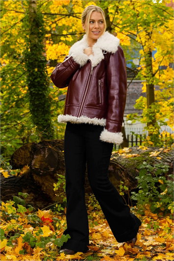 Red Contrast Faux Leather Aviator Coat