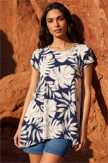 White Palm Leaf Print Hanky Hem Tunic Top