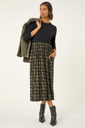 Green Abstract Print Midi Stretch Dress