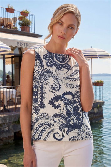 Blue Paisley Print Shell Top