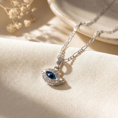 Metallic Evil Eye Blue Pendant Charm Sterling Silver Necklace