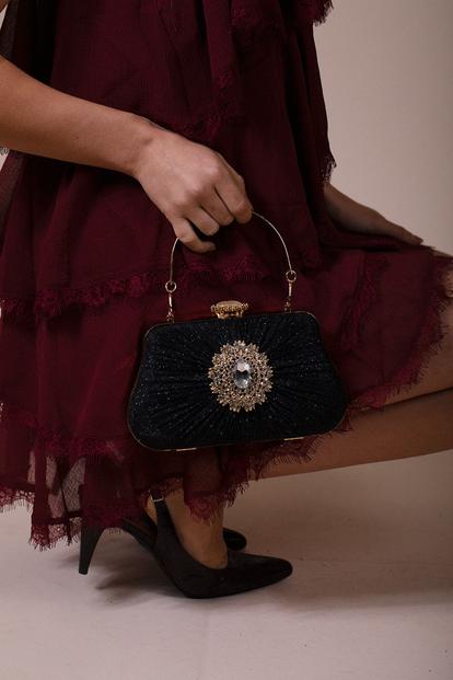 Black Ruched Jewel Clutch Bag