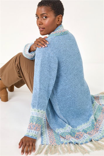 Blue Patterened Fringe Cardigan