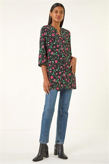 Rose Print Longline Buttoned Blouse 10217078