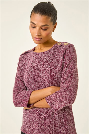 Red Textured Button Shoulder Top