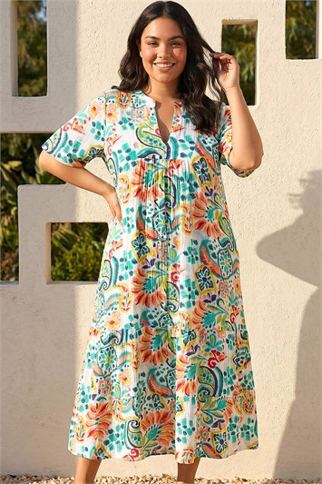 Curve Printed V-Neck Midi Dress 14720809