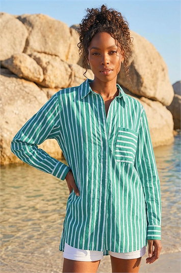 Green Stripe Print Buttoned Shirt
