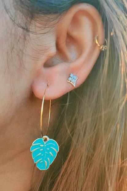 Green The Colourful Aura Tropical Leaf Charm Dangle Huggie Hoop Earrings