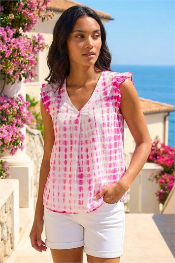 Pink Pleated Tie Dye Frill Top