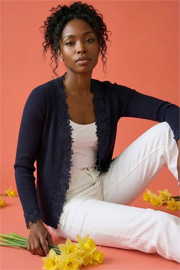 Blue Lace Trim Knit Cardigan