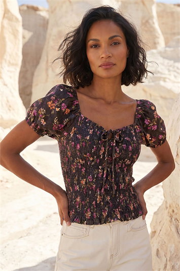 Black Dusk Floral Shimmer Tie Front Top