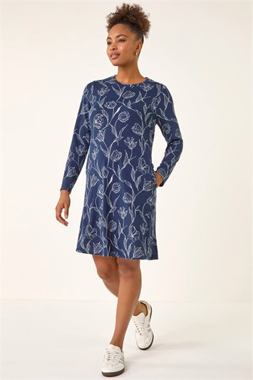 Blue Floral Print Side Button Stretch Dress