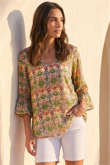 Green Ikat Print Flare Sleeve Top