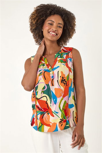 Multi Abstract Print V-Neck Button Top