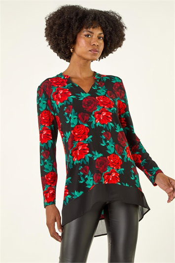 Red Floral Print V-Neck Chiffon Top