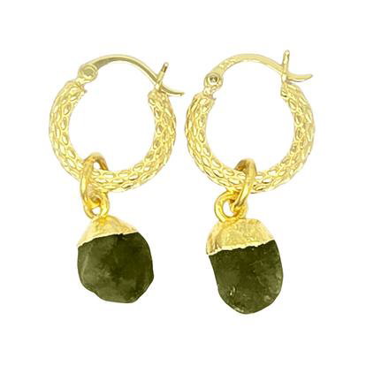 Metallic Raw Peridot August Birthstone Huggie Hoops Gold Vermeil Plated Gemstone Earrings