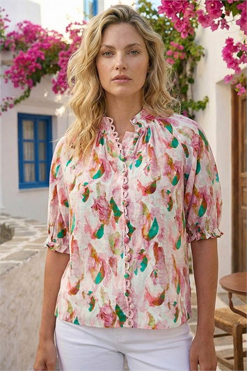 Pink Abstract Print Trim Detail Blouse