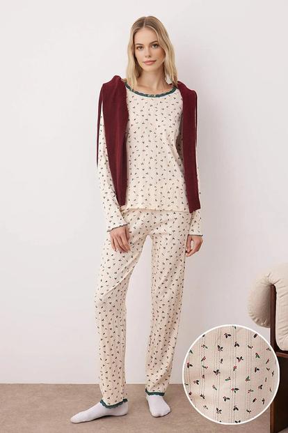 Multi Holly Print Contrast Trim Long Sleeve Cotton Ribbed Pyjama Set
