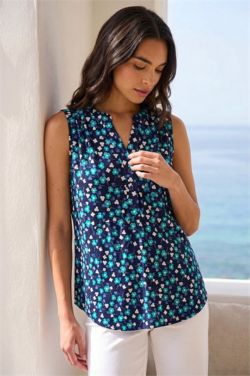 Blue Floral Puff Print Vest Top