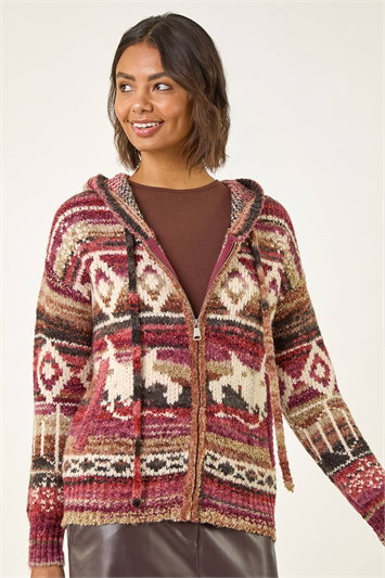 Red Jacquard Zip Hooded Cardigan