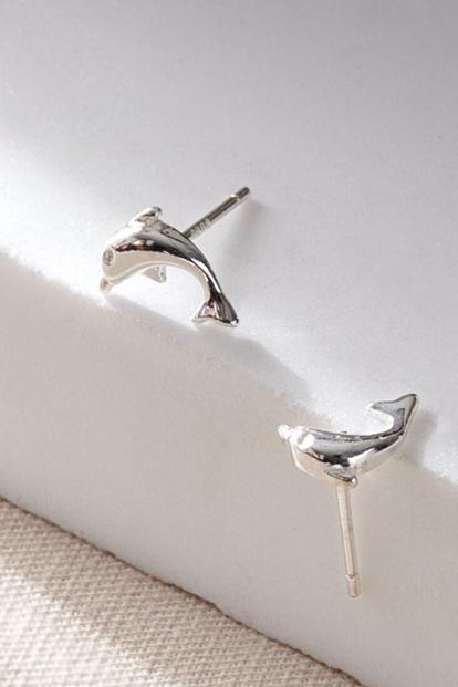 Metallic Sterling Silver Dolphin Stud Earrings