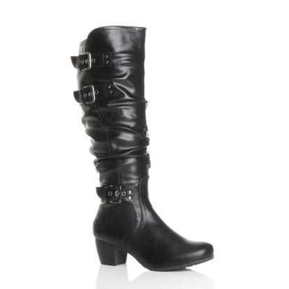Black Low Cuban Heel Ruched Slouch Calf Boots