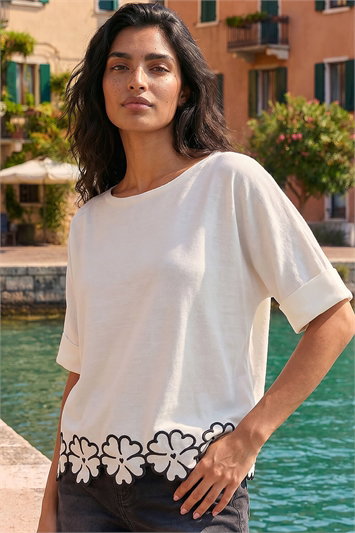 White Floral Trim Knit Top