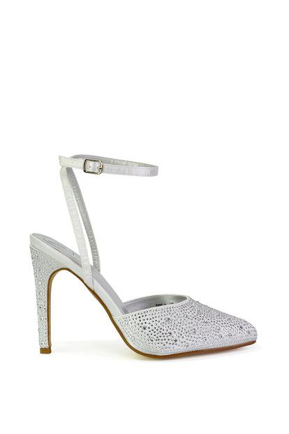White 'Indyah' Diamante 2 Part Shoes Ankle Strap Stiletto High