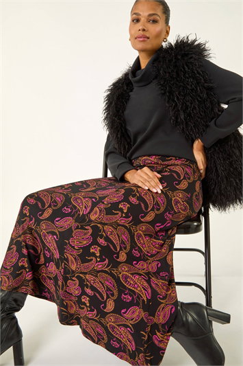 Paisley Print Midi Stretch Skirt 17030072