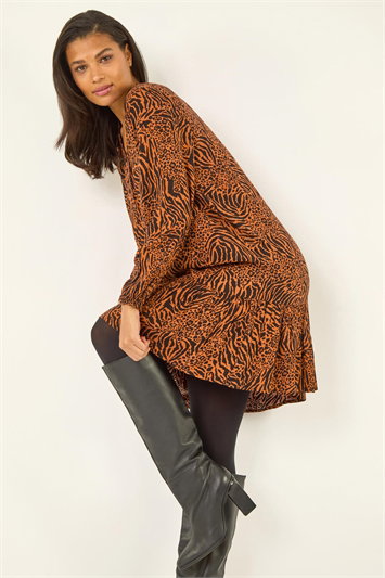 Red Animal Print Pintuck Smock Dress