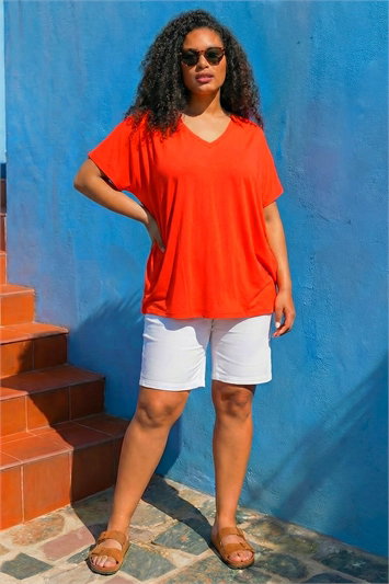 Red Curve V-Neck Stretch Top