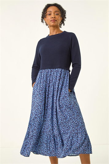 Petite Contrast Tiered Midi Dress 14750760