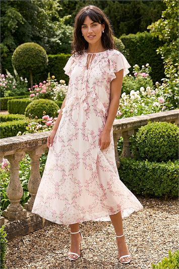 Pink Floral Frill Flutter Sleeve Dress