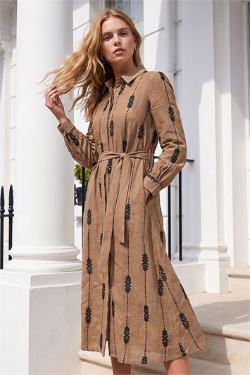 Cream Belted Embroidery Dress