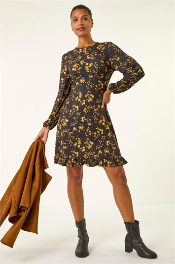 Floral Print Frill Stretch Dress 14825633