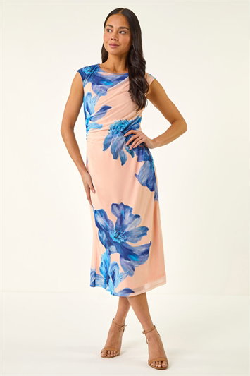 Petite Side Ruched Mesh Midi Dress 14830309