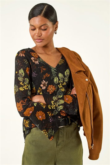 Black Floral Print V-Neck Stretch Lace Top