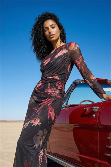 Black Floral Mesh Stretch Maxi Dress