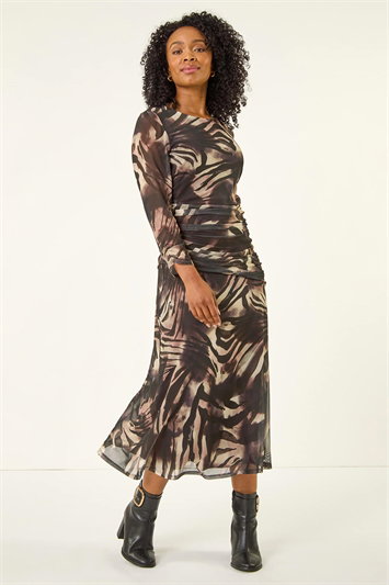 Petite Animal Print Mesh Ruched Midi Dress 14786508