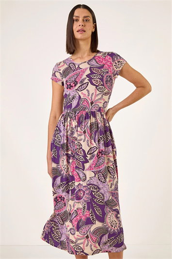 Purple Paisley Print Stretch Midi Dress