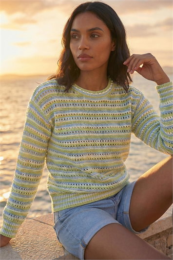 Stripe Pointelle Crew Neck Knit 16329834