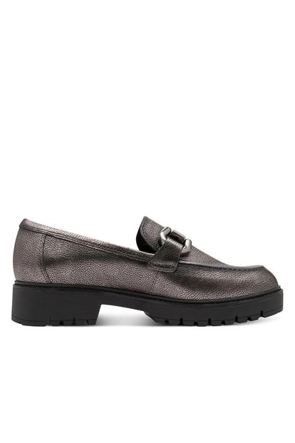 Metallic Tamaris Pewter Leather Platform Loafers