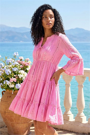Pink Shimmer Tie Detail Smock Dress