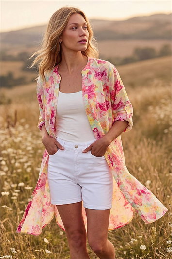 Pink Floral Print Longline Blouse