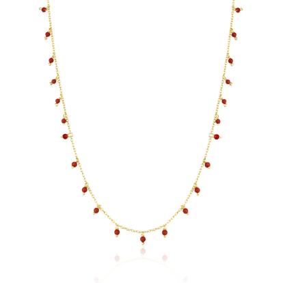 Metallic Red Coral Beaded Sterling Silver Chain Necklace